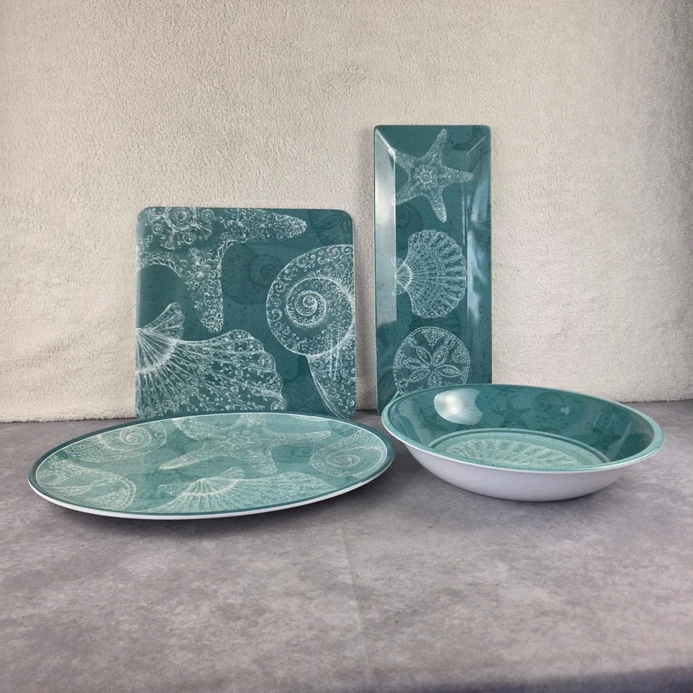 4pc Teal Coastal Melamine Serving Set Starfish Seashell Platter Bowl Tray